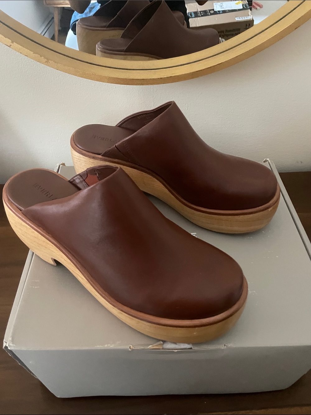 Everlane Brown Leather Clog Mules with Wood Platform (Puffa Clog) - Picture 4 of 8